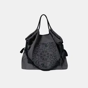 SOMLORD Paisley Embroidered Canvas Tote Bag Large Capacity Oversize Durable Crossbody Bag for Daily Use Back to School