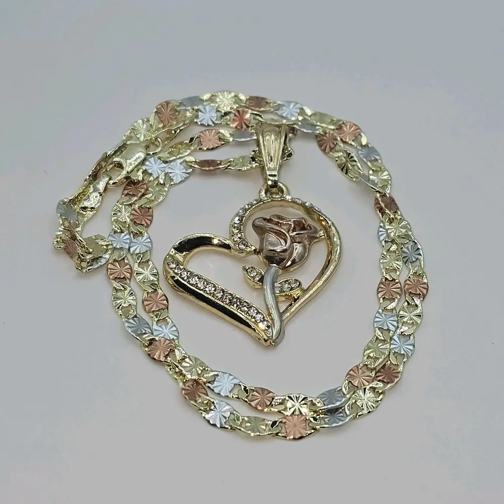 N7-Light Pink Rose Heart Style Pendant with 4mm 19.75 Inches Long 3 Color Tone Chain Copper Gold Plated 13.9 Grams