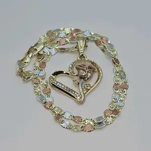 N7-Light Pink Rose Heart Style Pendant with 4mm 19.75 Inches Long 3 Color Tone Chain Copper Gold Plated 13.9 Grams