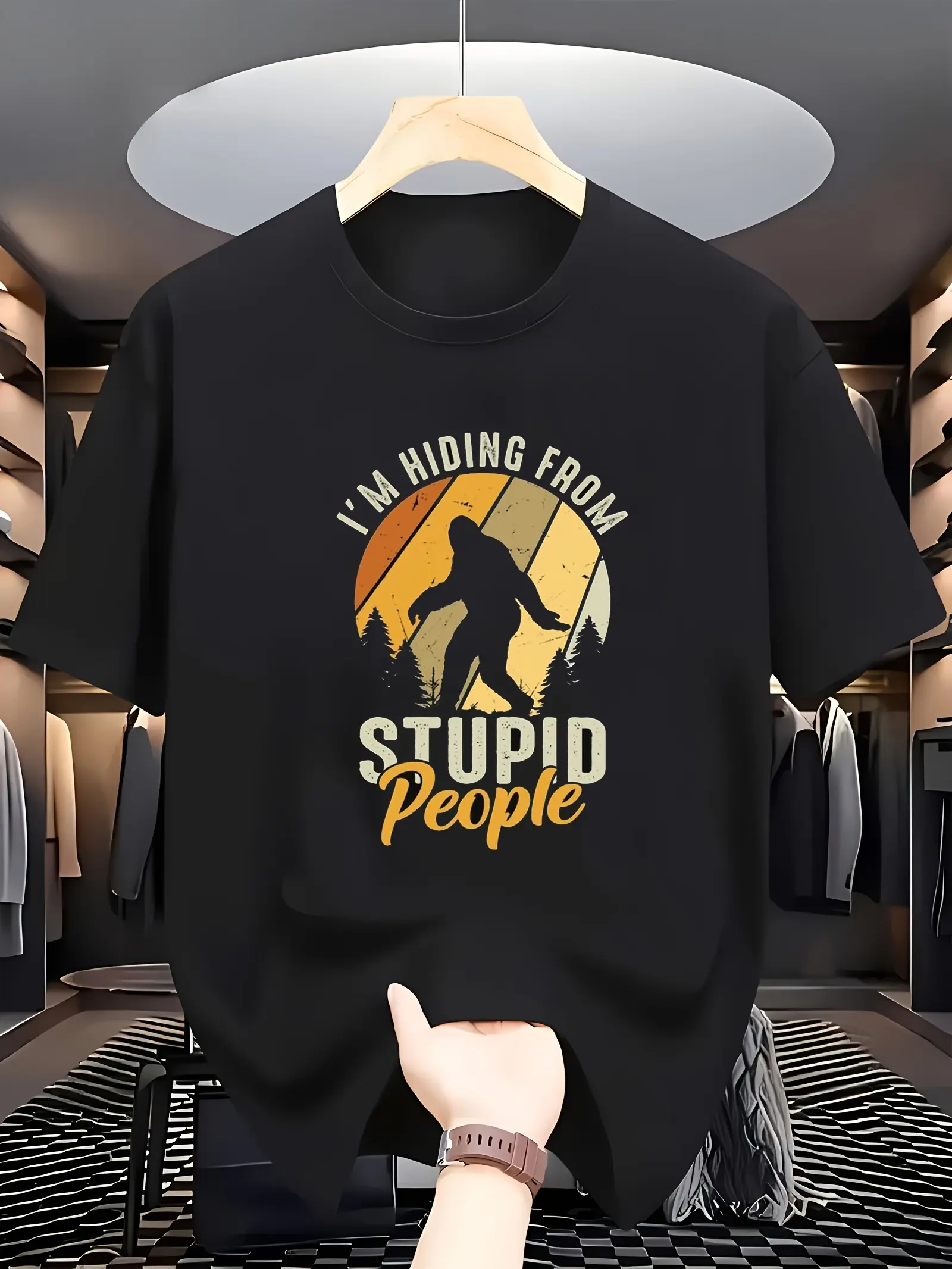 Men'S Sasquatch "I'm Hiding from People" Graphic T-Shirt -  Cotton Moisture-Wicking Regular Fit Short Sleeve Tee, Black Casual Summer & Fall Top with Geometric Print, Perfect Holiday Gift, Fall Casual Top| Humorous Graphic Tee| Medium Stretch Fabric