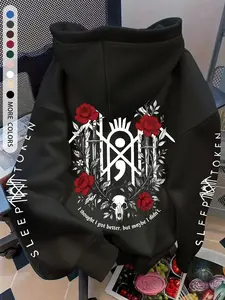 Women's Skull Rose Print Drawstring, Casual Loose-Fitting Gothic Style Hoodie, Soft Breathable Fabric, Fall & Winter Essential