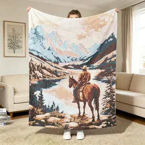Western Cowboy-Patterned Jacquard Throw Blanket, Vintage Bohemian Style Woven Tapestry for Sofa Couch, Thick Breathable Cotton-Blend Yarn for Home Decor, Bed, Outdoor Camping, Fade-Resistant & Non-Pilling Soft Knitted Throw