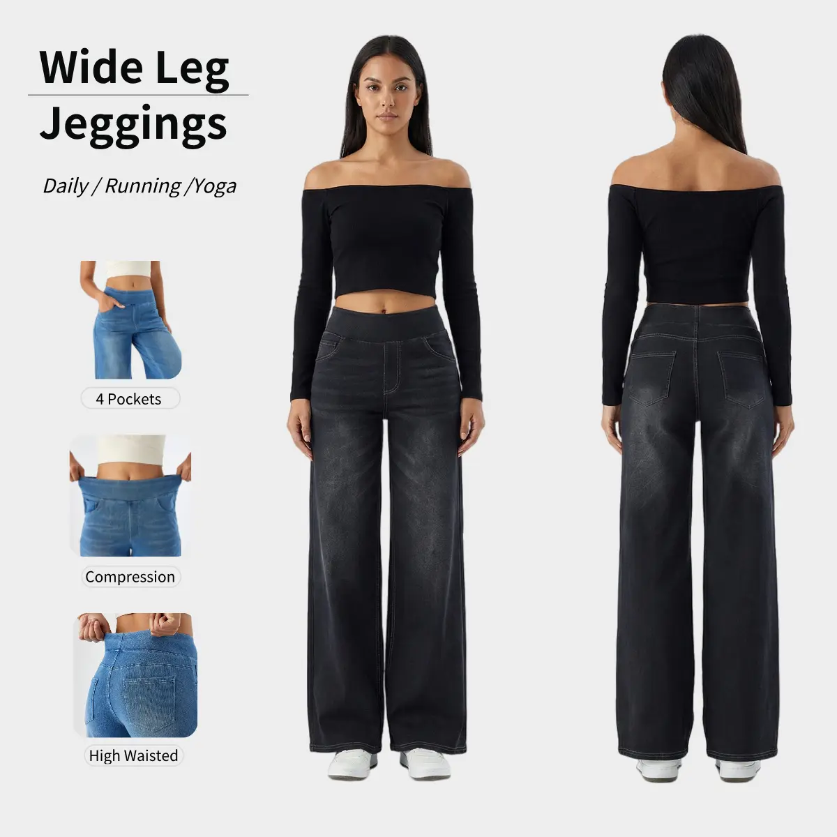 HeeiYoga Wide Leg Jeggings Strechy Baggy High Waisted Washed Jeans Jeggings Maternity Jeans