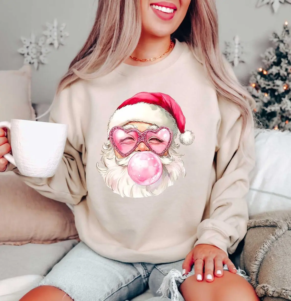 Christmas Bubble Gum Sweatshirt, Santa Blowing Bubble Shirt, Pink Christmas Santa Shirt, Retro Christmas Shirt, Santa Bubble Gum Sweatshirt