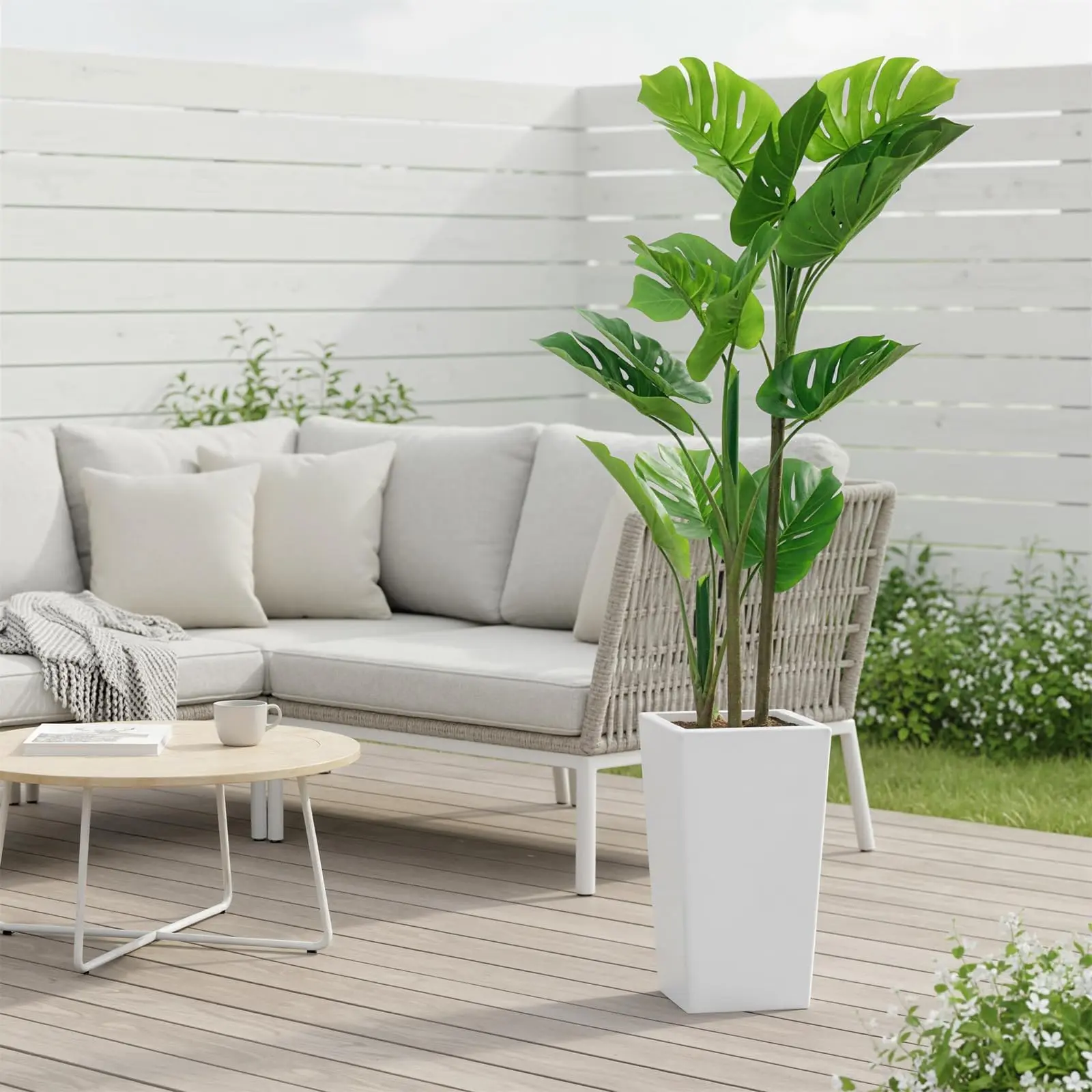 Realistic Artificial Monstera Deliciosa Plant – Tall Faux Mountain-Style Cheese Palm in White Planter – Indoor Floor Greenery for Living Room, Bedroom, or Office