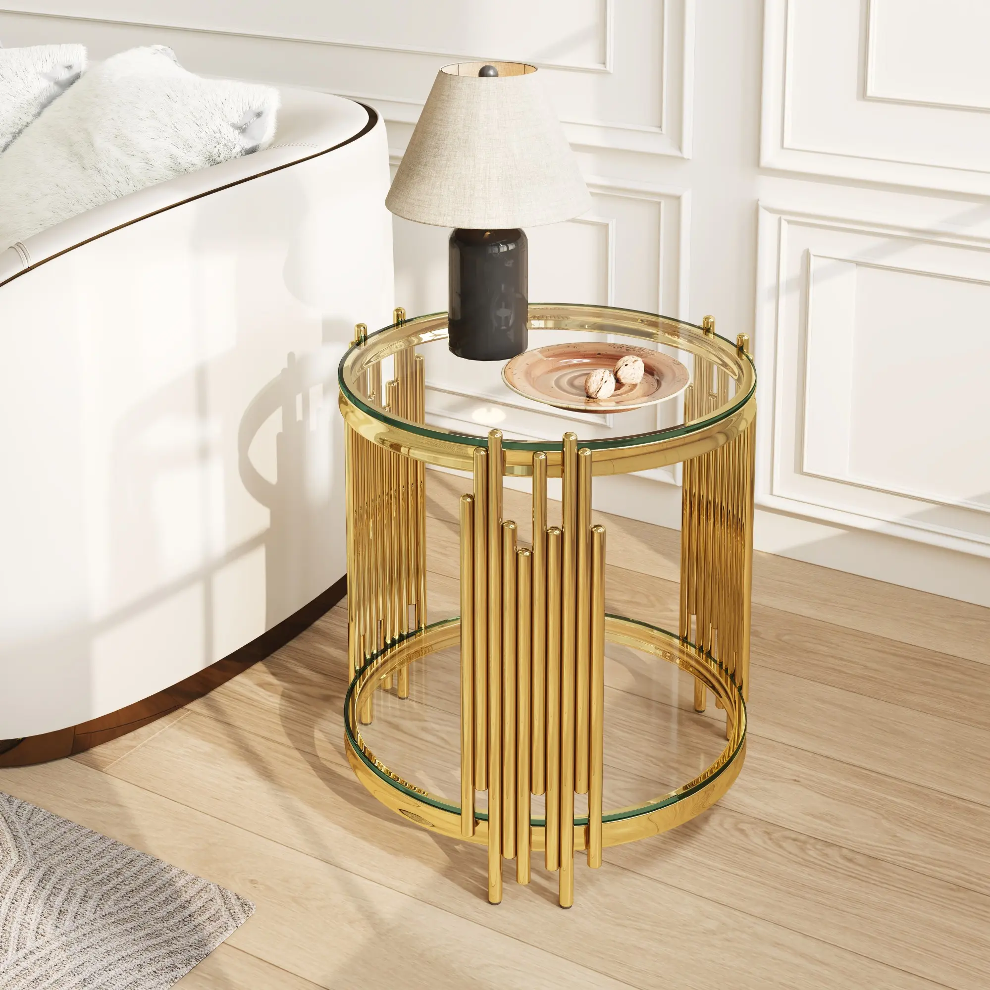 Modern Round Glass End Table for Living room, Black or Clear Side Table Glass Top, Luxury Circle Tea Table with Gold Stainless Steel Legs, Small Office Table, Sturdy Glass Top Bedside Table, Sofa Table set for Living room/Nightstand,Balcony Table