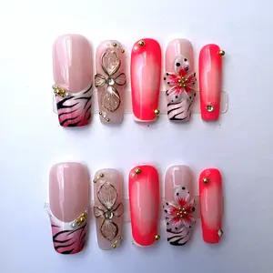Handmade Reusable Acrylic Nails Kit, 10PCS Hand-Painted 3D Rhinestone Embellished Beauty Products with Diamonds, Nail Art DIY Accessories for Prom, Parties