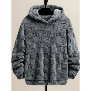 Men's Letter Embroidery Drop Shoulder Fuzzy Hoodie, Regular Fit Casual Fashion Fabric Long Sleeve Hooded Sweatshirt for Spring & Fall, Mens Clothing, Fashion Men's Longsleeves Clothes for Daily Wear, Streetwear, Trendy Clothes