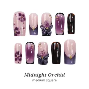 Lilynailsart | Midnight Orchid Press On Nails - Purple Floral Aura Nails - Handmade Gel Nail Set