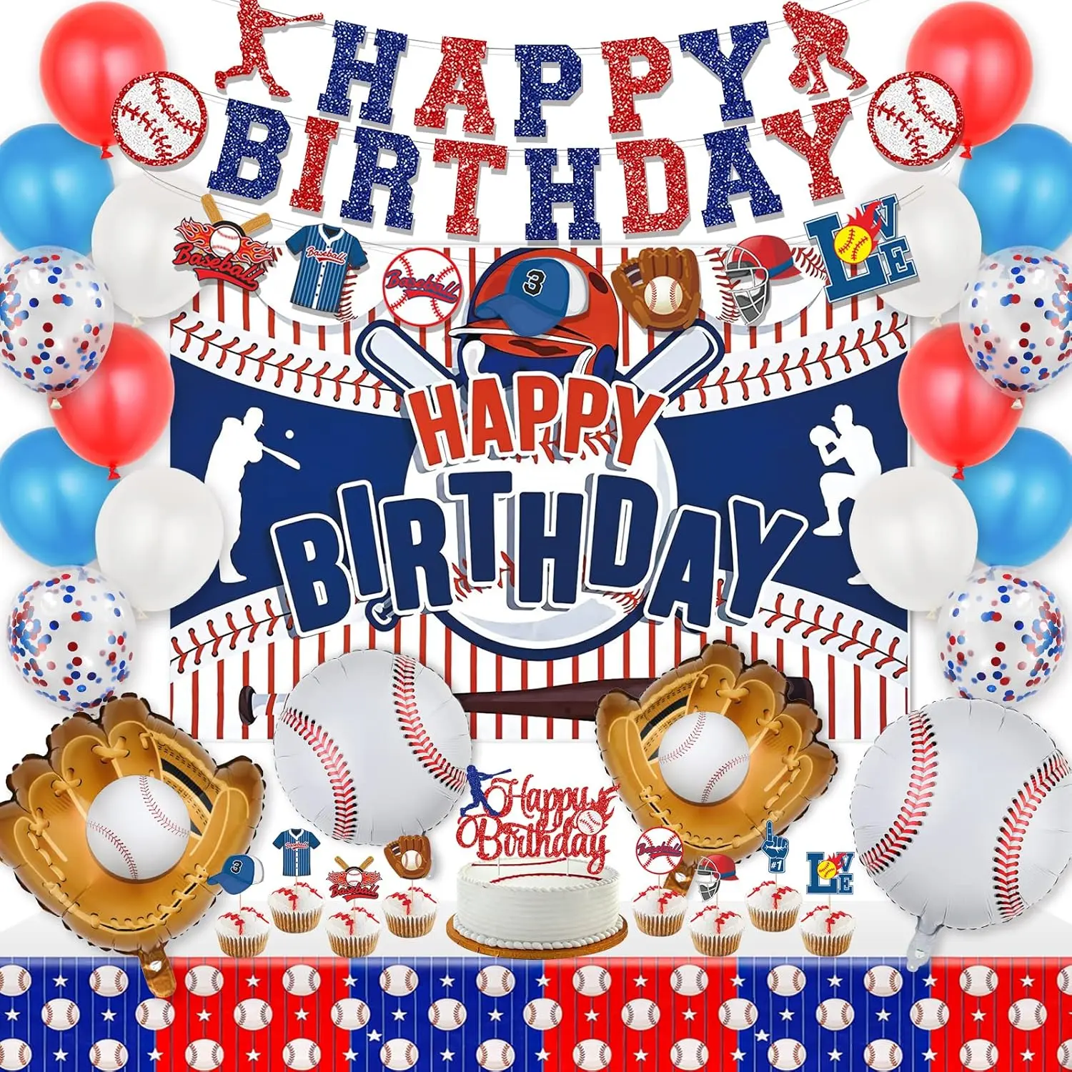 Baseball Party Decorations Kit, Includes Backdrop, Banners, Balloons & Cake Toppers for Party