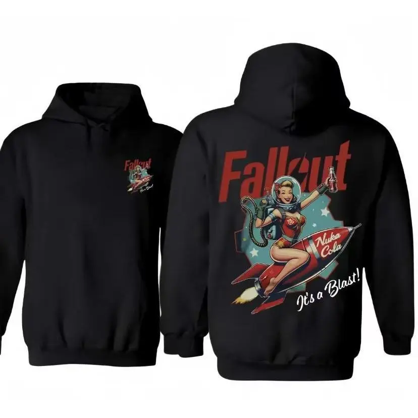 Men's Fallout Nuka Cola Vintage Cotton Long-Sleeve Hoodie T-Shirt - Casual Sweatshirt With Photorealistic Prints, Classic Cut Retro Top, Relaxed Soft Fit, Breathable Fabric For Parties, Outdoors