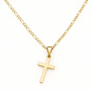 14K Gold Cross Necklace for Women Men | Figaro Chain Christian Pendant Necklace | Trendy Aesthetic Jewelry Gift