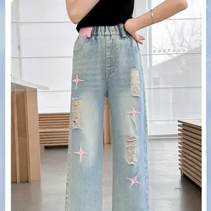 Spring and autumn girls' wide-leg pants, girls' jeans, big kids' straight-leg children's ripped jeans