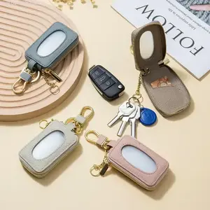 Leather Car Key Case with Window | Zippered Key Holder | Portable Key Organizer with Keychain for Men and Women