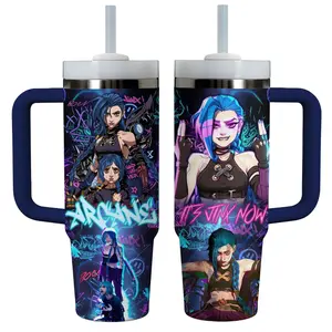 Arcane TV Series Inspired 40oz Tumbler with Handle, Piltover Zaun Aesthetic Cup, League of Legends Fan Gift, Jinx Vi Inspired Travel Mug, Animated Fantasy Show Stainless Steel Tumbler, Reusable Hot Cold Drinkware