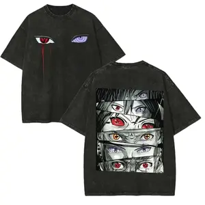 Men's Oversized Seamless Short-Sleeve Sharingan Rinnegan Eyes Vintage Acid Wash Casual Streetwear Retro Anime Graphic Cotton Menswear T-Shirt