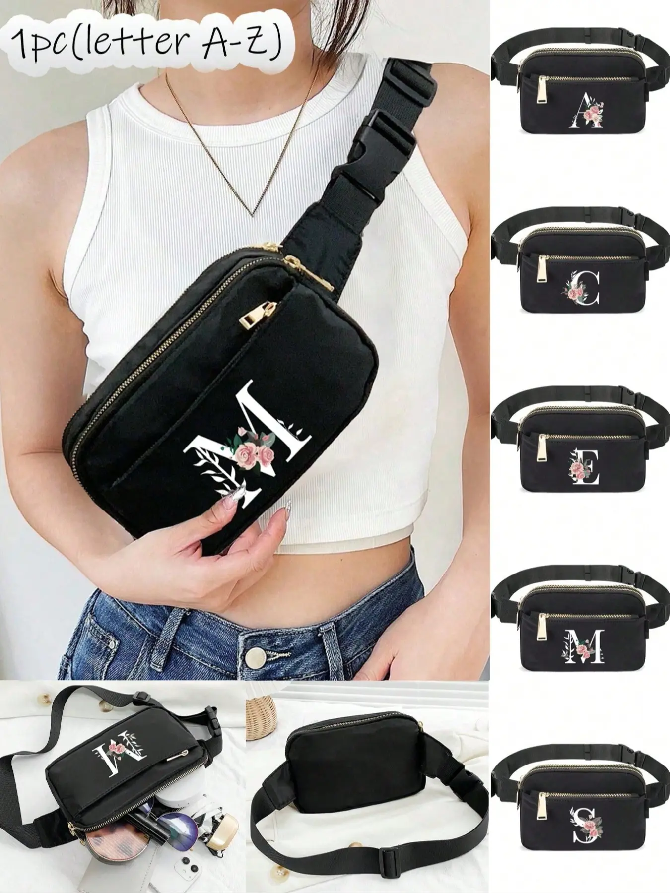 This chest bag, shoulder bag, and sports bag features a floral letter pattern from A to Z. phone holder, multi-functional yoga pocket waist bag, waterproof sports adjustable shoulder bag, Bumbag, Zipper Belt Bag