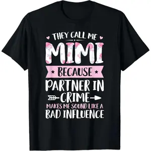 Women's T-Shirt with Funny 'Partner In Crime' Graphic, Soft 100% Cotton Round Neck Short-Sleeve Top, Comfortable Mother's Day Gift for Mimi, Shortsleeve
