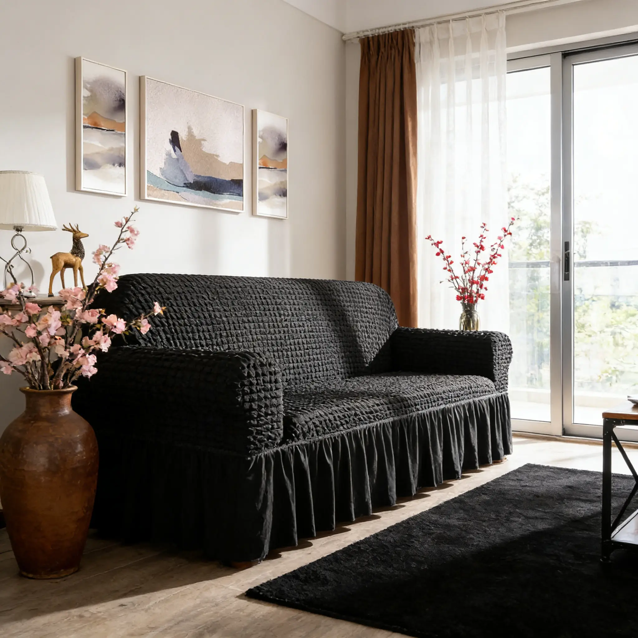 1pc Black Solid Color Bubble Skirt Sofa Cover, Elastic Full Coverage Slipcover, All-Season Universal Sofa Protector, Full Wrap Sofa Throw