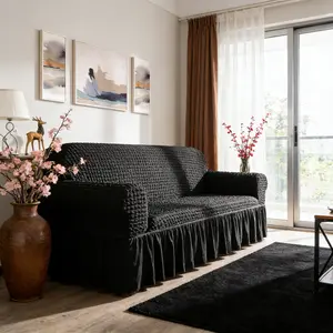 1pc Black Solid Color Bubble Skirt Sofa Cover, Elastic Full Coverage Slipcover, All-Season Universal Sofa Protector, Full Wrap Sofa Throw