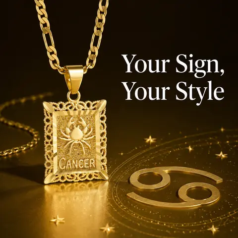 KissYan 14K Gold Plated Zodiac Pendant Necklace for Women - Engraved Constellation Signs, Durable Plating, Figaro Chain, 2'' Extender Chain, Casual Tees/Formal Fits Accessory, Gifts for Family/Lovers