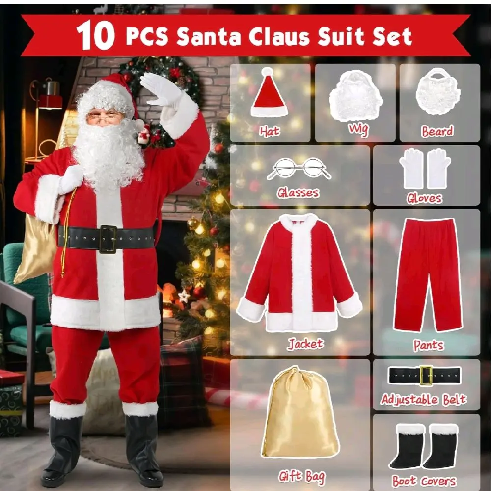 Santa Claus Costume for Men 10pcs Professional Christmas Set Includes Hat Wig Beard Glasses Jacket Pants Adjustable Belt Gift Bag Boot Covers