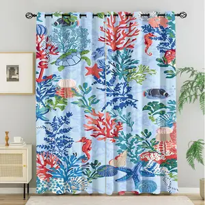 Light Blue Underwater Curtains, Vibrant Coral Turtle Sea Creature Decor Curtains for Teen Beach Themed Bedroom, Kids Coastal Play Nook, Beach Souvenir Display Wall, Summer Pool Party Venue Decor, 2 Panels
