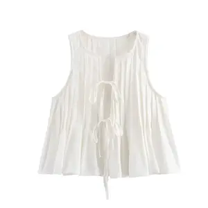 Women Fashion Lace Up Pleated Tops Shirt With Tie