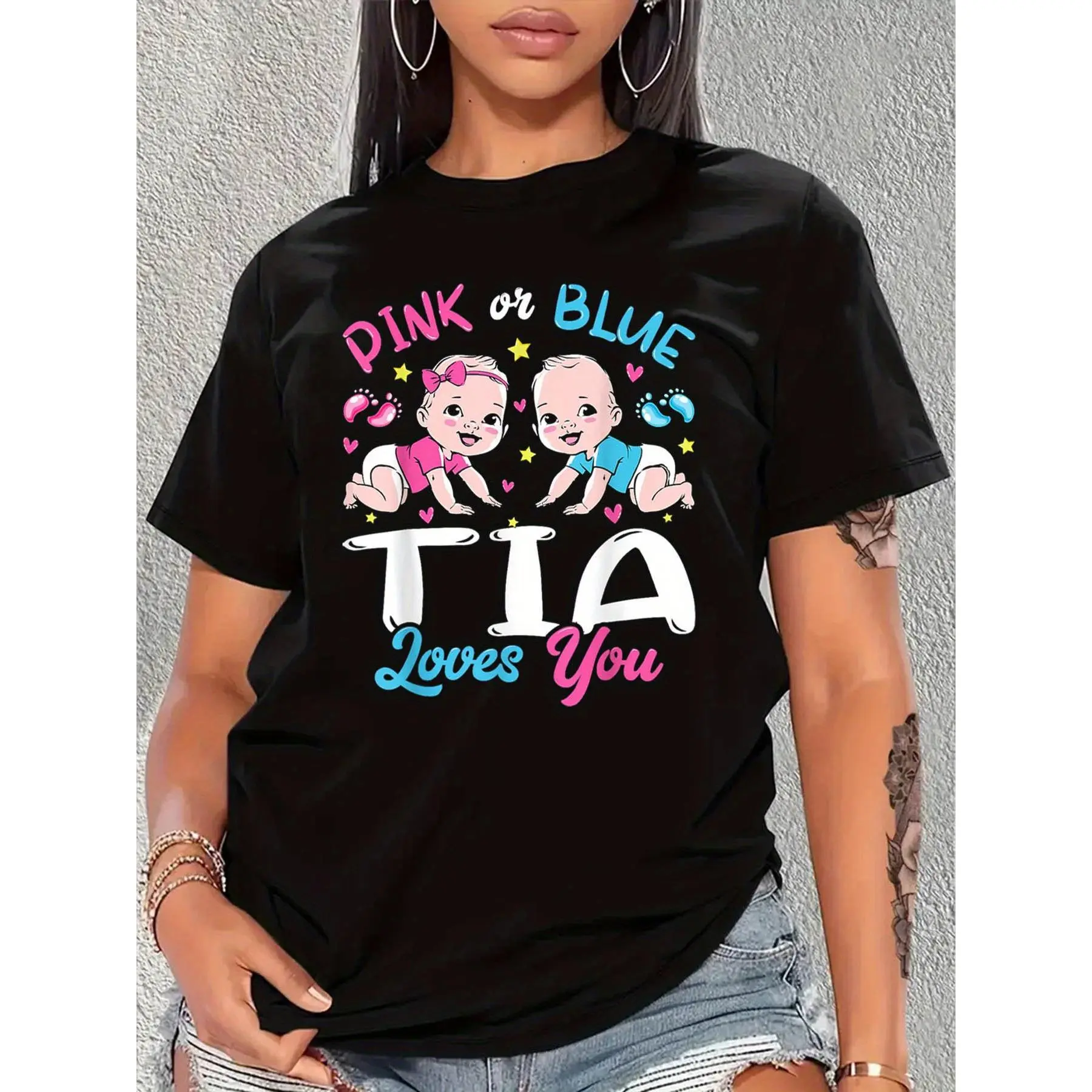 Men's Oversize Tee - 100% Pure Cotton Round Neck Unisex Retro Streetwear Top with "TIA Loves You" Gender Reveal Graphic Print for Parties