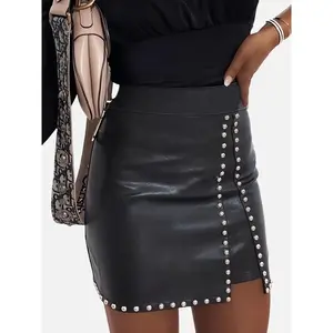 Beaded Asymmetrical Hem Bodycon Skirt MJ67386 - Stylish PU High Waist Aline Skirt for Women, Elegant Black Chic, Comfortable Micro Elastic Fabric, Spring & Summer Spandex Womenswear Bottom