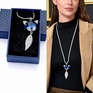 Fox Pendant Necklace for Women Blue Cubic Zirconia Animal Jewelry with Rhinestones Cute Fox Face Crystal Charm Gift for Her Birthday Christmas