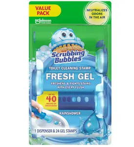 Scrubbing Bubbles Toilet Gel Stamps, Fresh Gel Toilet Cleaning Stamps, Helps Keep Toilet Clean and Helps Prevent Limescale & Toilet Rings, Rainshower Scent, 1 Dispenser with 24 Stamps
