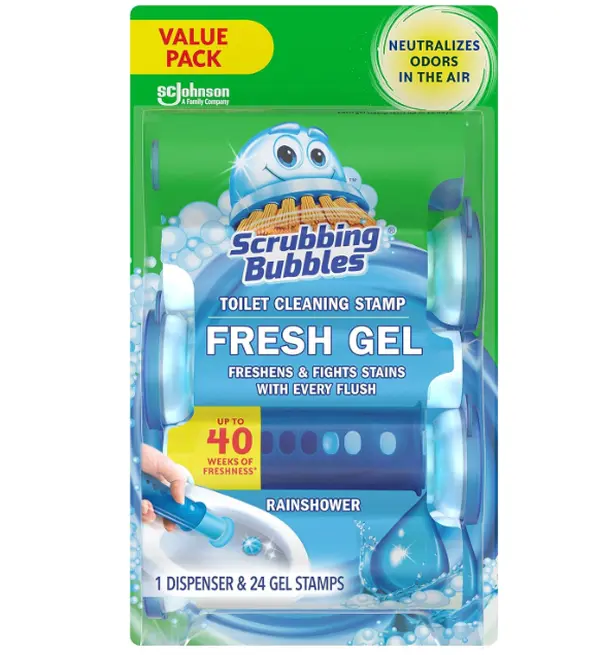 Scrubbing Bubbles Toilet Gel Stamps, Fresh Gel Toilet Cleaning Stamps, Helps Keep Toilet Clean and Helps Prevent Limescale & Toilet Rings, Rainshower Scent, 1 Dispenser with 24 Stamps
