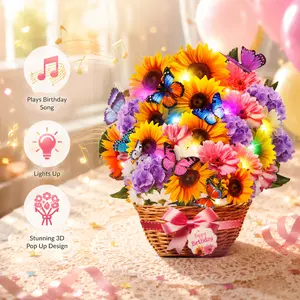Pop Up Birthday Card Musical Light-Up 10" 3D Sunflower Bouquet Greeting Card Gift for Mom, Grandma, Women, Wife