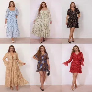 Plus-Size Maxi & Short Dress Collection: Square/V-Neck, Floral/Patterned Chiffon, Flowy Fit for Daily & Dating Occasions
