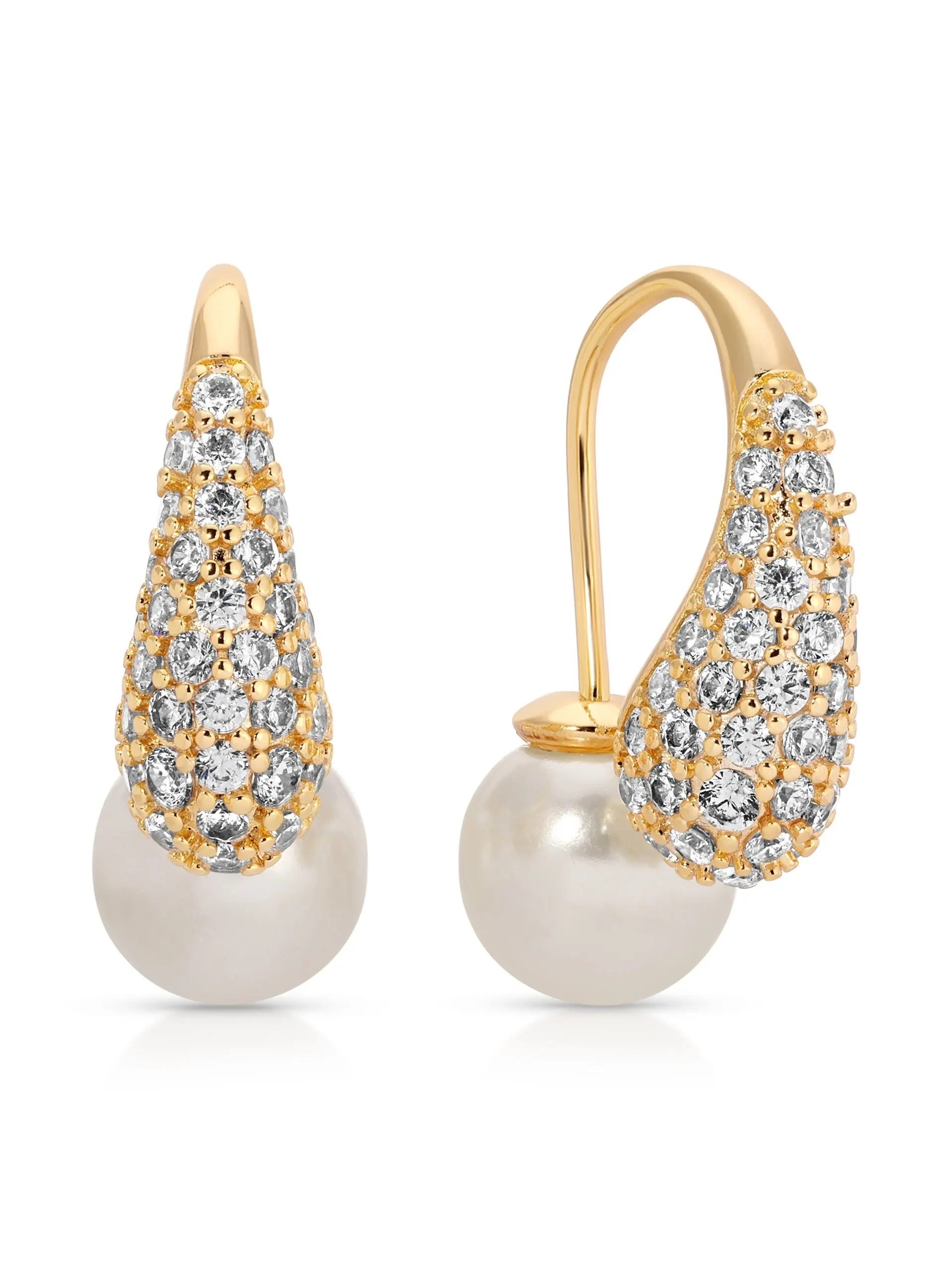 Hooked Pavé and Pearl Earrings – 18K Gold or Silver Plated, Freshwater Pearl Drop Hook Earrings, Elegant CZ Statement Jewelry for Women