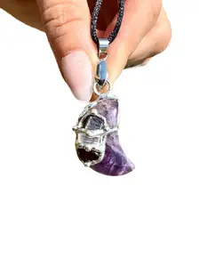 Manifestation Moon Amulet Pendant with Black Satin Cord, Amethyst, Hypersthene, Garnet, Selenite