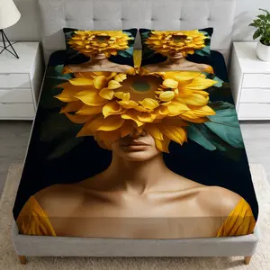 2/3 Pcs Sunflower And Feminine Beauty Pattern Fitted Sheet Set(1*Fitted Sheet +1/2*Pillowcase,No Filling),High-Definition Digital Printing,Soft And Comfortable Fabric,Suitable For All Year Round,Perfect Gift For Family And Friends On Festivals!