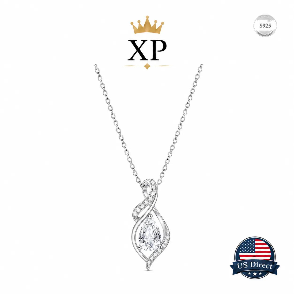 S925 Sterling Silver Pendant Necklace for Women, Silver Color Clear Crystal Teardrop Infinity Pendant, Elegant Dainty Necklace for Wedding Party Daily Wear