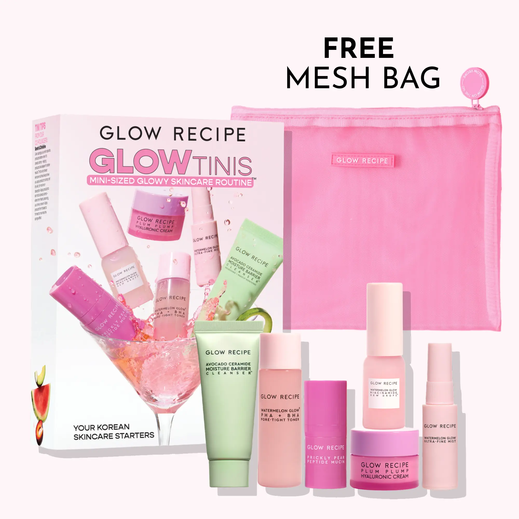 Glow Recipe GlowTinis Mini Skincare Gift Set - Korean Travel-Friendly Self Care Bundle Box for Women, All Skin Types, with Avocado Cleanser, Watermelon Toner, Hyaluronic Serum, Hydrating Cream to Cleanse, Hydrate, Brighten, Repair Skin