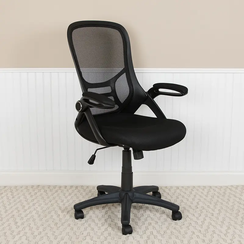 Flash Furniture HL-0016-1-BK-BK-GG 26.5 in. High Back Mesh Ergonomic Swivel Office Chair with Frame & Flip-up Arms, Black