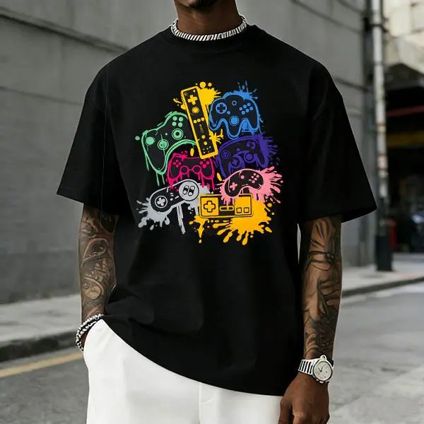 Men's 90s Streetwear T-Shirt with a Neon Graffiti Game Controller Graphic, Casual Loose Fit Cotton-Blend Long Sleeve Top, Tshirt, Menswear, Baggy, Stylish, Retro, Polyester, Fabric, Affordable Fashion, Stretch, Foldable