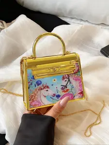 New Avant-Garde Metallic Mirror Acrylic Box Mini Handbag, Glossy Silver & Gold Bag, Fashion Versatile With Metal Chain Shoulder/Crossbody Bag, Lipstick, Earphone Case, Evening Clutch, Women's Mini Party Purse，Ideal Valentine's Day Choice,Personalized Gift