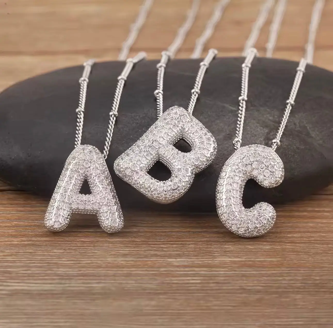 Puffy Bubble Initial Necklace with Sparkling Stones