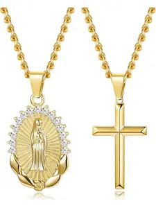 14K Gold Plated Classic Fashion Cross Pendant Necklace for Women Girls Religious Jewelry Gifts for Women Necklace Set