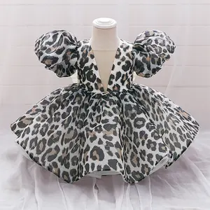 6M-3Y Leopard 3088 Anniversary Baby Girls Clothes Infant Birthday Cocktail Puff Sleeve Bow Ball Gown Dress Toddler Pageant Newborn Ball Gown Princess Baptism Frock