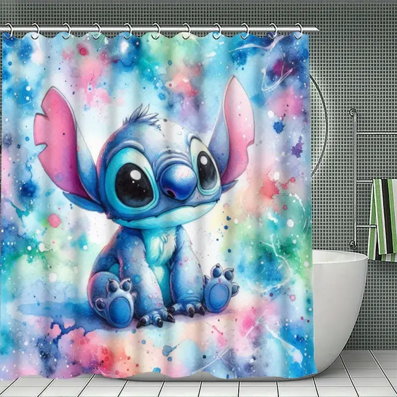 DISNEY CLASSIC Watercolor - Style Stitch Shower Curtain, Adorable Stitch Character Bathroom Decor