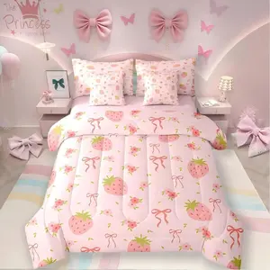 Strawberry 7 Piece Comforter Set,Bed in a Bag,Pink Bow Tie Bedding Set,Princess Silk Ribbon Comforter,and Sheet Set,Cute Bowknot Bed Set,Boho Floral Flowers Pink Kawaii Room Decor