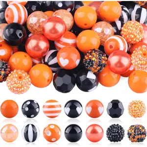Halloween Bubblegum Beads, 50 count 20mm  Plastic Beads Spacer Gumball Loose Beads Black Orange Chunky Beads for Halloween DIY (Orange and Black)