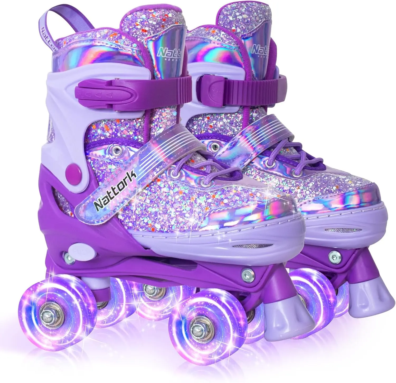 Nattork Kids Roller Skates for Girls, 4 Sizes Adjustable Girls Roller Skates Ages 3‑12, Light Up Flashing Wheels & Triple Safety Protection, Beginner Toddler Skates, Cool Birthday Holiday Gift for Indoor Outdoor Sports